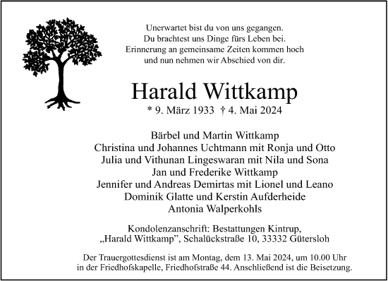 Traueranzeige von Harald Wittkamp von Neue Westfälische