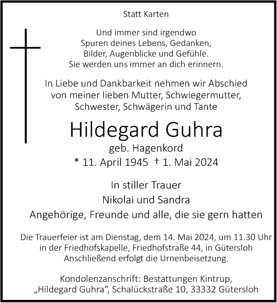 Traueranzeige von Hildegard Guhra von Neue Westfälische