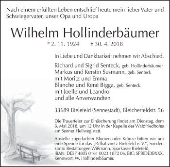 Traueranzeige von Wilhelm Hollinderbäumer von Neue Westfälische