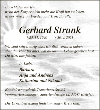 Traueranzeige von Gerhard Strunk von Neue Westfälische