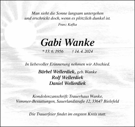 Traueranzeige von Gabi Wanke von Neue Westfälische