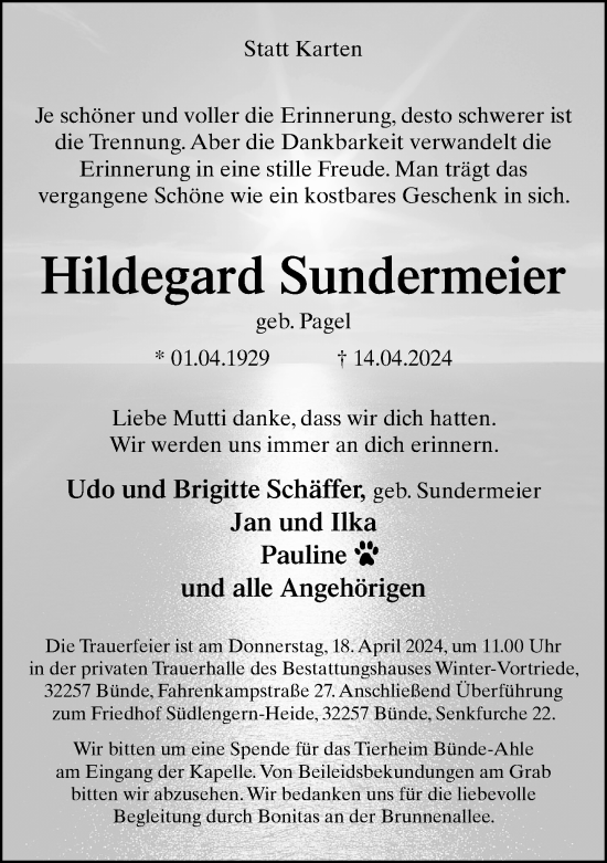 Traueranzeige von Hildegard Sundermeier von Neue Westfälische