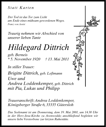 Traueranzeige von Hildegard Dittrich von Neue Westfälische