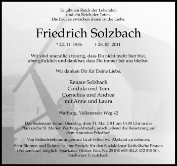 Traueranzeige von Friedrich Solzbach von Neue Westfälische