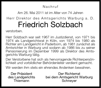Traueranzeige von Friedrich Solzbach von Neue Westfälische