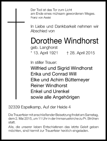 Traueranzeige von Dorothee Windhorst von Neue Westfälische