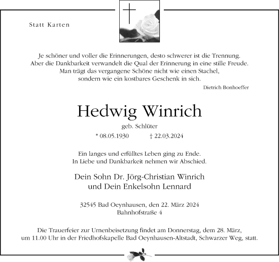 Traueranzeige von Hedwig Winrich von Neue Westfälische