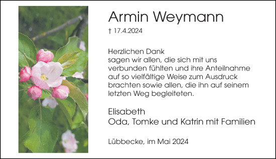 Traueranzeige von Armin Weymann von Neue Westfälische