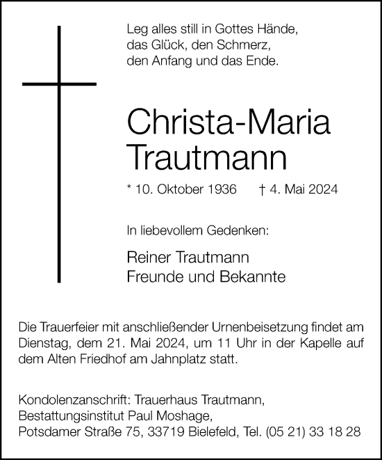 Traueranzeige von Christa-Maria Trautmann von Neue Westfälische