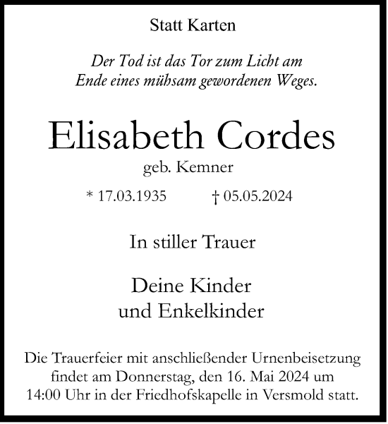 Traueranzeige von Elisabeth Cordes von Neue Westfälische