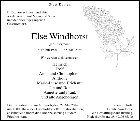 Traueranzeige von Else Windhorst von Neue Westfälische