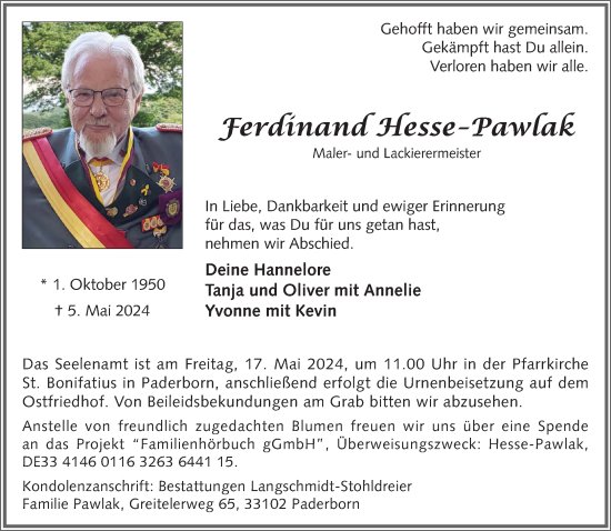 Traueranzeige von Ferdinand Hesse-Pawlak von Neue Westfälische