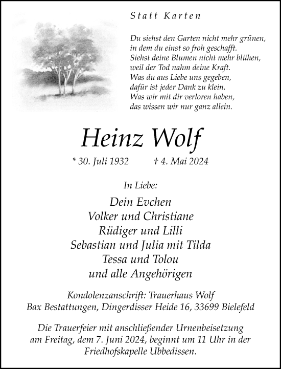 Traueranzeige von Heinz Wolf von Neue Westfälische