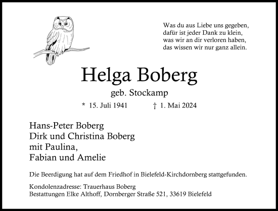 Traueranzeige von Helga Boberg von Neue Westfälische