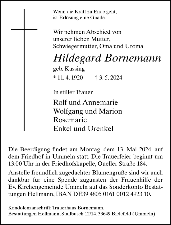 Traueranzeige von Hildegard Bornemann von Neue Westfälische