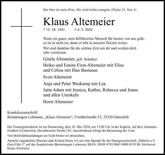 Traueranzeige von Klaus Altemeier von Neue Westfälische